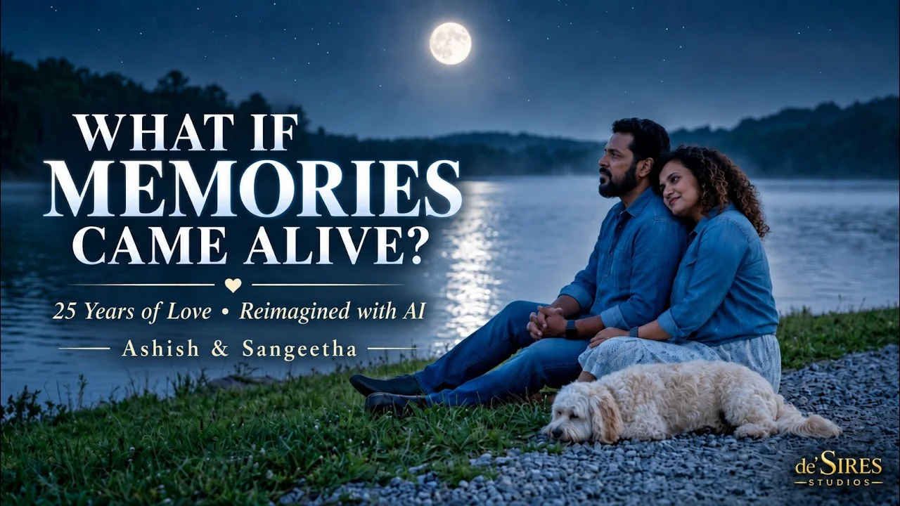 AI film title artwork showing a couple and dog beside a moonlit lake, with the film title and anniversary subtitle